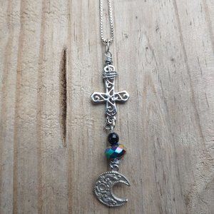 Occult upside down cross with moon Necklace